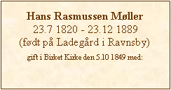 Tekstboks: Hans Rasmussen Mller23.7 1820 - 23.12 1889(fdt p Ladegrd i Ravnsby)gift i Birket Kirke den 5.10 1849 med: