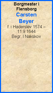 Tekstboks: Borgmester i FlensborgCarsten Beyerf. i Haderslev 1574  11.9 1644Begr. I Nakskov