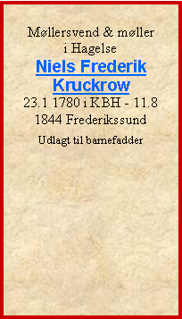 Tekstboks: Mllersvend & mller i HagelseNiels FrederikKruckrow23.1 1780 i KBH - 11.8 1844 FrederikssundUdlagt til barnefadder 