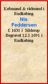 Tekstboks: Kbmand & rdmand i RudkbingNisFeddersenf. 1631 i  SilderupBegravet 12.1 1691 i Rudkbing