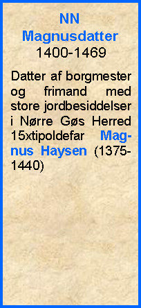 Tekstboks: NNMagnusdatter1400-1469Datter af borgmester og frimand med store jordbesiddelser i Nrre Gs Herred 15xtipoldefar Mag-nus Haysen (1375-1440) 
