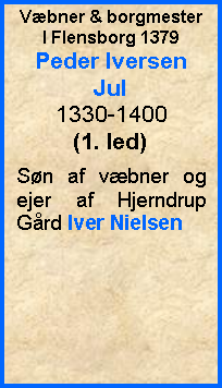 Tekstboks: Vbner & borgmesterI Flensborg 1379Peder IversenJul1330-1400(1. led)Sn af vbner og ejer af Hjerndrup Grd Iver Nielsen