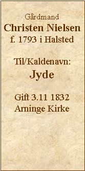 Tekstboks: GrdmandChristen Nielsenf. 1793 i HalstedTil/Kaldenavn: JydeGift 3.11 1832Arninge Kirke