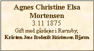 Tekstboks: Agnes Christine ElsaMortensen3.11 1875Gift med grdejer i Ravnsby,  Kristen Jens Frederik Kristensen Bjrn