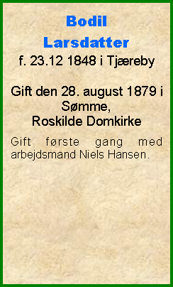 Tekstboks: Bodil Larsdatterf. 23.12 1848 i TjrebyGift den 28. august 1879 i Smme, Roskilde Domkirke Gift frste gang med arbejdsmand Niels Hansen. 