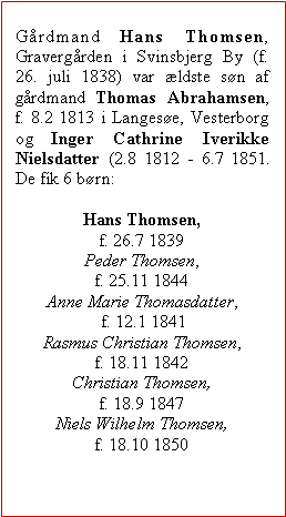 Tekstboks: Grdmand Hans Thomsen, Gravergrden i Svinsbjerg By (f. 26. juli 1838) var ldste sn af grdmand Thomas Abrahamsen, f. 8.2 1813 i Langese, Vesterborg og Inger Cathrine Iverikke Nielsdatter (2.8 1812 - 6.7 1851. De fik 6 brn:Hans Thomsen, f. 26.7 1839Peder Thomsen, f. 25.11 1844Anne Marie Thomasdatter, f. 12.1 1841Rasmus Christian Thomsen, f. 18.11 1842Christian Thomsen, f. 18.9 1847Niels Wilhelm Thomsen, f. 18.10 1850