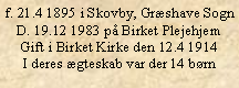 Tekstboks: f. 21.4 1895 i Skovby, Grshave SognD. 19.12 1983 p Birket PlejehjemGift i Birket Kirke den 12.4 1914I deres gteskab var der 14 brn