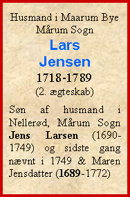 Tekstboks: Husmand i Maarum ByeMrum SognLars Jensen1718-1789(2. gteskab)Sn af husmand i Nellerd, Mrum Sogn Jens Larsen (1690-1749) og sidste gang nvnt i 1749 & Maren Jensdatter (1689-1772)