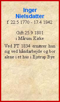 Tekstboks: IngerNielsdatterf. 22.5 1770 - 17.4 1842Gift 25.9 1801 i Mrum KirkeVed FT 1834 ernrer hun sig ved hndarbejde og bor alene i et hus i Ejstrup Bye