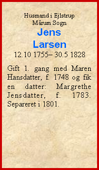 Tekstboks: Husmand i EjlstrupMrum SognJensLarsen12.10 1755 30.5 1828Gift 1. gang med Maren Hansdatter, f. 1748 og fik en datter: Margrethe Jensdatter, f. 1783.  Separeret i 1801. 