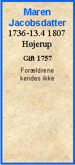 Tekstboks: MarenJacobsdatter1736-13.4 1807 HjerupGift 1757Forldrene kendes ikke