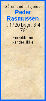 Tekstboks: Grdmand i HjerupPederRasmussenf. 1720 begr. 6.4 1791Forldrene kendes ikke