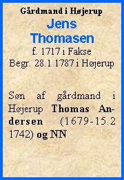 Tekstboks: Grdmand i HjerupJensThomasenf. 1717 i FakseBegr. 28.1 1787 i HjerupSn af grdmand i Hjerup Thomas An-dersen (1679-15.2 1742) og NN