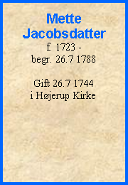 Tekstboks: Mette Jacobsdatterf. 1723 - begr. 26.7 1788Gift 26.7 1744 i Hjerup Kirke