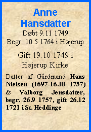 Tekstboks: Anne HansdatterDbt 9.11 1749Begr. 10.5 1764 i HjerupGift 19.10 1749 i Hjerup KirkeDatter af Grdmand Hans Nielsen (1697-16.10 1757) & Valborg Jensdatter, begr. 26.9 1757, gift 26.12 1721 i St. Heddinge